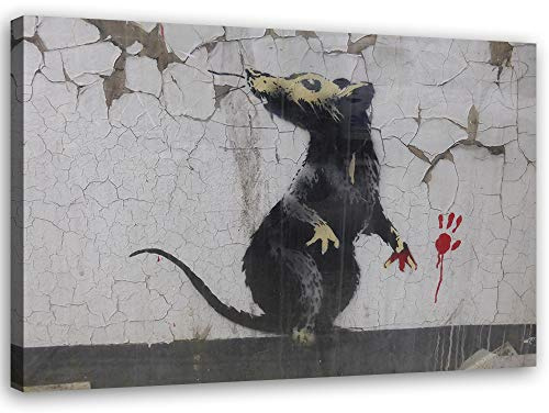 Feeby Leinwandbilder XXL Banksy - Rat - 60x40 cm - Bild auf Leinwand - Kunstdruck - Deko Wohnzimmer - Wandbilder Schlafzimmer - Deko Schwarz - Deko Aesthetic - Wand Deko