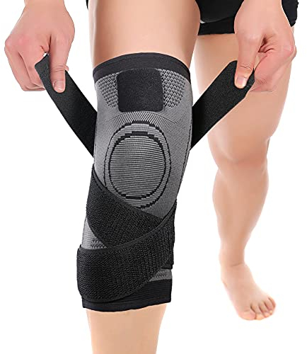 NuCamper Rodillera para dolor de artritis, manga de compresión ajustable para hombres, mujeres, alivio del dolor, soporte de rodilla para recuperación de lesiones (Large, Negro)