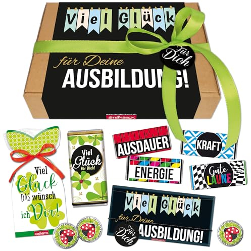 STEINBECK Viel Glück für die Ausbildung Geschenk Geschenkbox Glücksbringer Schokolade Fruchtgummi Ausbildungsstart Lehre