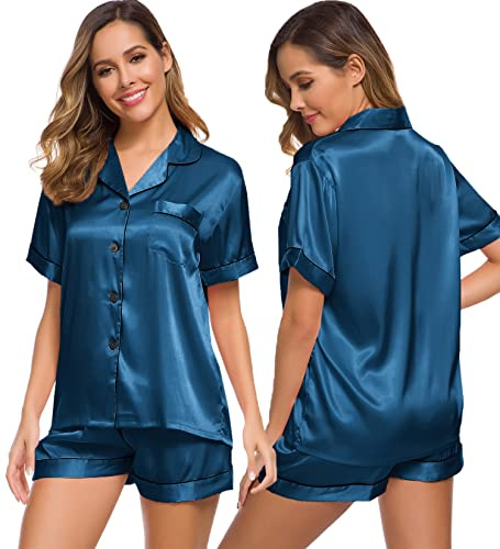 SWOMOG Womens Pyjamas Set Silk Satin Pj Sets Two Piece Pyjamas Silk Sleepwear Satin Nightwear Button Down Pjs
