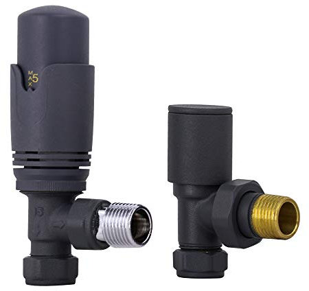 NRG 15mm Anthracite Angled TRV Thermostatic Radiator Valves with Manual Angled Valve for Towel Rail Radiator