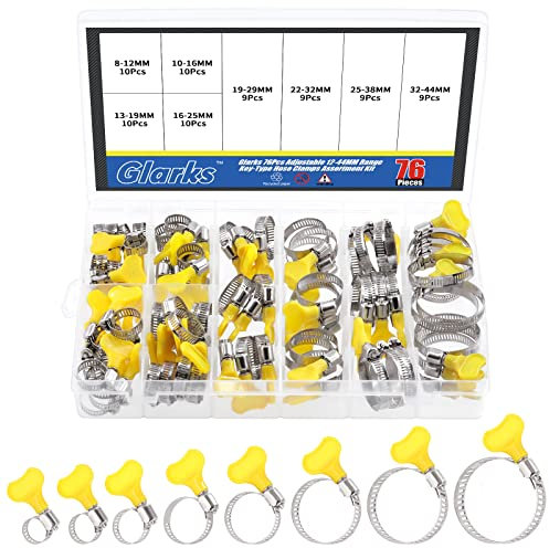 Glarks Kit assortito di fascette stringitubo regolabili da 8 a 44 mm, in acciaio inox, con manico in plastica, per tubi dell'acqua, idraulici, applicazioni automobilistiche e meccaniche, 76 pezzi
