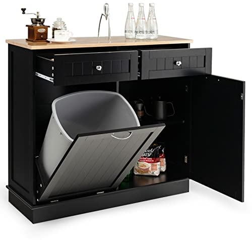 COSTWAY Sideboard with Trash Bin Hamper, Rubber Wood Top Tilt-out Trash Cabinet, Freestanding Storage Cupboard Unit for Kitchen Laundry, No Trash Can (Black)