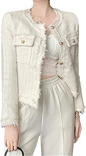 Blazer en Tweed Blanc à Carreaux avec Poches élégant, Mince, pour Le Travail et Le Bureau, Blazer Court sans col, Coupe à Revers, Veste, Blouson (Blanc,L)