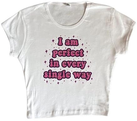 Baby Tees for Teen Girls Y2K Letter Print Crop Top Grunge Women T-Shirt, Tee 32, Klein