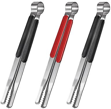 3 pcs Long BBQ Tongs, Korean Barbecue Tongs, Charcoal Grill Tongs, Kitchen Tongs for Cooking, Stainless Steel Meat Tongs, Heavy Duty Food Tongs, Bread Clip, Ice Tongs (2 black and 1 red)