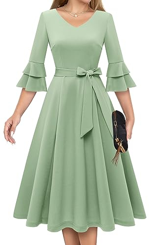DRESSTELLS Vestido de cóctel para mujer, estilo vintage, manga acampanada de 3/4, semiformal, para invitada de boda, Verde claro, XL