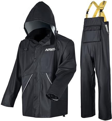 Navis Marine Herren Regenanzug 3-teilig-Wasserdichte PU Jacke und Hose mit Kapuze - Robuste Latzhose mit reflektierenden Streifen WS-005(Tiefschwarz,XL)