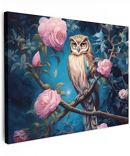 MuchoWow© Impression sur Toile Decoration Murale Peinture 70x50 cm Tableaux Decoratifs Muraux Déco Chambre Tableau Salon Hibou - Roses - Bleu - Fleurs
