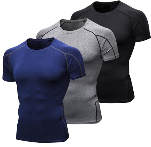 YUSHOW Confezione da 3 magliette a compressione da uomo a maniche corte, traspiranti, funzionali, ad asciugatura rapida, da corsa, da uomo, estive, corsa, fitness, palestra, nero+grigio+blu marino, M