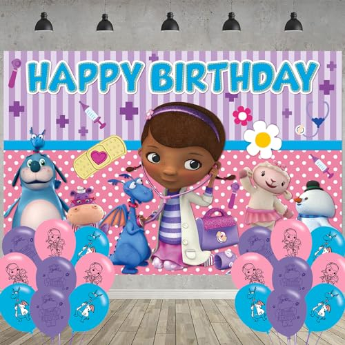 Doc McStuffins Geburtstagsparty-Dekoration, 15 x 90 cm Fotohintergrund und 18 Luftballons