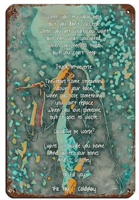 Coldplay Fix You-Poster, Retro-Poster, Metall-Blechschild, schicke Kunst, Retro, Eisenmalerei, Bar, Menschen, Höhle, Café, Familie, Garage, Poster, Wanddekoration, 20 x 30 cm