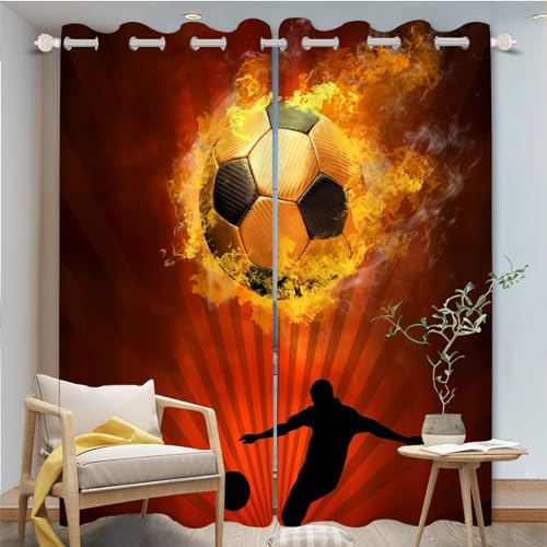 FABTOP Fußball Gardinen Verdunklungsgardine Kinder Jungen Sport Vorhänge 3D-Druck Fußball Kunst Gardinen Blickdicht Für Kinderzimmer Wohnzimmer (1,100×140BxH (50×140cm×2))