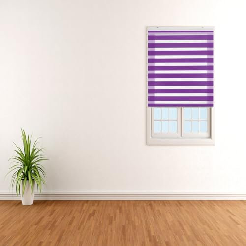Estor Enrollable De Doble Capa Noche Y Día 110 x 240 cm fácil instalación Persiana Veneciana Sombra Fijación sin Taladrar para Ventanas y Puertas, Morado