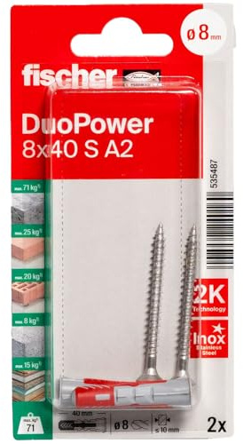 Fischer - Dübel – Packung mit 2 Universaldübeln Duopower Ø 8 x 40 mm + Schrauben Edelstahl A2 Ø 5 x 55 mm. Fischer, 535487