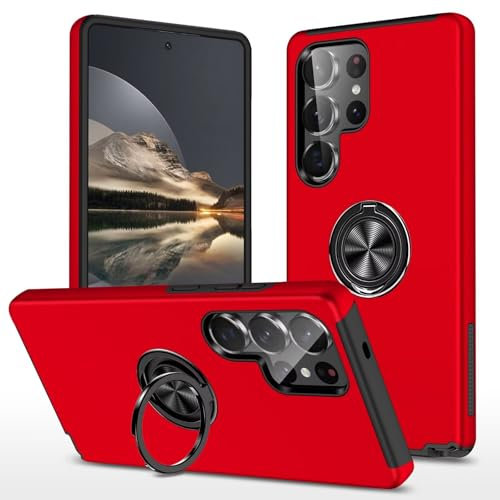 YANJIEER Esong Cover Per Samsung Galaxy S24 Ultra,Con Invisibile Magnetica Anello Supporto,Custodia Sottile Silicone Tpu+Rigida Pc Antiurto Bumper Antigraffio Protettiva Case Rosso