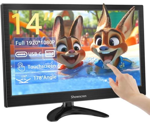 Showscren Écran tactile pour ordinateur portable 14 FHD HDR 1080p 100 % sRGB petit moniteur d'ordinateur avec port HDMI/USB-C, support multifonctionnel, haut-parleurs intégrés