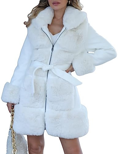 Giolshon Damen Langer Pelzjacke aus Kunstwollmischung mit Gürtel Gepolsterter Bubble Parka Mantel Isolierte Sherpa Fleece Oberbekleidung 241A Beige XXL