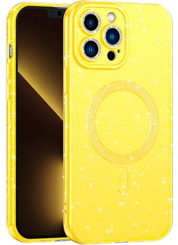 CUZMIGO for iPhone 13 Pro Max Case Glitter Magnetic Compatible with Magsafe, Sparkly Shiny Bling Phone Cases for Women Girls, Slim Fit Soft TPU Shockproof Cover with Camera Protection, Neon Yellow