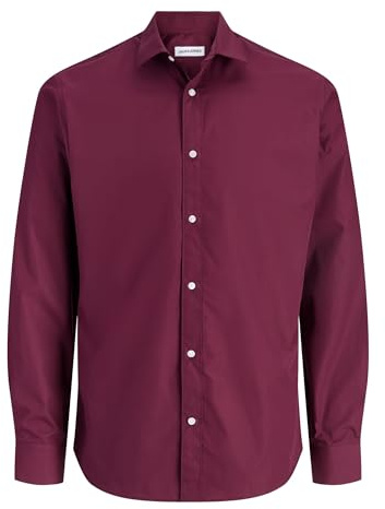 JACK & JONES Men’s Long Sleeve Shirt, Plain Cotton Button-Down Casual Shirt with Full Front Fastening and Classic Collar – Smart Casual Style Shirt, Wine Colour, UK Size - S