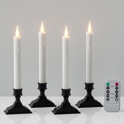 Eldnacele LED Taper Candles with Remote Timer, White Battery Operated Flameless Candles Flickering with Detachable Base, 9 Inch Candlesticks for Thanksgiving Christmas Decorations(4 Pack)