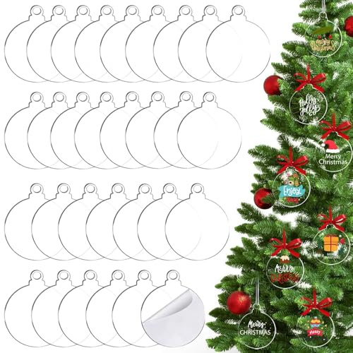 30 Pack 3 Inch Clear Acrylic Ornament Blanks for DIY Christmas Crafts | Acrylic Disc Ornaments, Round Flat Bauble Blanks for DIY Christmas Hanging Decorations