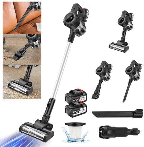 Aspirapolvere Senza Fili Potente, 15KPa Scopa Elettrica Senza Fili Brushless con 2 Modalità, 6000mAh Batteria Rimovibile, Luce LED, Aspirapolvere Portatile Ultra-leggero per Pavimenti/Tappeti/Pelosità