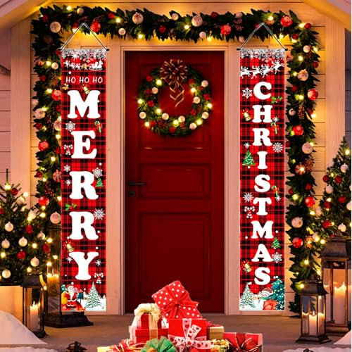 TELAIN Juego de pancartas de Navidad para puerta de búfalo rojo y negro, decoración de Navidad para el hogar, pared, puerta delantera, jardín y garaje