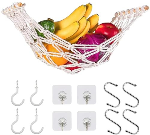 OUTALIZ Hängende Obsthängematte, Baumwollseil Gewebtes Obstnetz Frucht Gemüse, Obst Hängematte, Aufbewahrungskörbe, Mit Haken, Ohne Bohren Aufbewahrungskörbe, Für Küche, Zuhause Wohnmobile