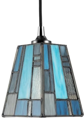 Rectangular Art Deco Tiffany Stained Glass Pendant Light Shade with Pale and Navy Blue Panels | 13cm x 10cm | 40w Maximum by Happy Homewares