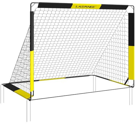 LARMNEE Fußballtor für Kinder, Fußballtortrainer, tragbares und faltbares Fußballtor, 2-in-1-Fußballtor mit Torwand, 5 Löcher, mit Tragetasche und Bodennägeln, für Garten, Schwarz und Gelb EBY120FG02