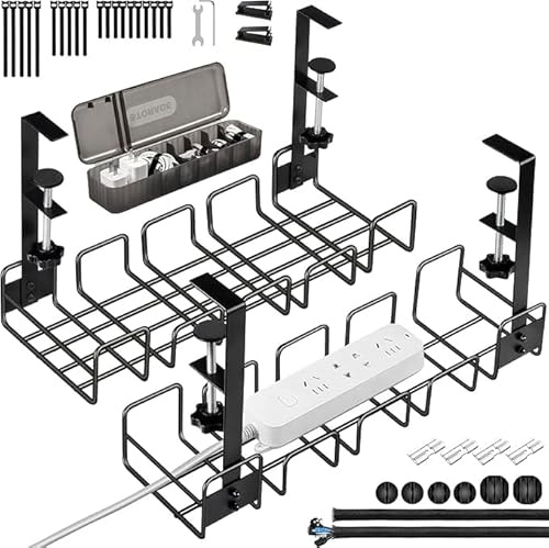 Kabelkanal für Schreibtisch, 2 Packen Büro Schwarz Kabel Management, Ohne Bohren Kabel Organizer für Kabel Verstecken, Schreibtisch Kabelwanne, Unter Schreibtisch Organizer mit Kabel Organisation