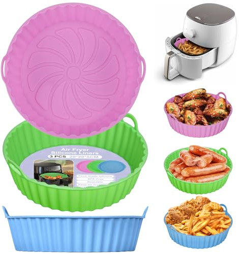 Alyvisun Moule Silicone Air Fryer, 3 Pièces Panier Moule pour Airfryer Réutilisable Friteuse à Air Chaud Plat Pot Ronde Doublure Liner pour Friteuse Air, Micro-ondes, Four (Rose+Vert+Bleu Ciel)