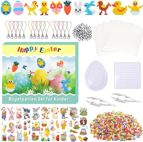 FZYESNO 3057PCS Bügelperlen Ostern, Bügelperlen Platten Set mit 14 Motiven, Bügelperlen Set für Kinder, Ostern Deko mit 14 Bügelperlen Vorlagen, 2 Bügelperlen Schablonen, 3000 Bunten Steckperlen usw