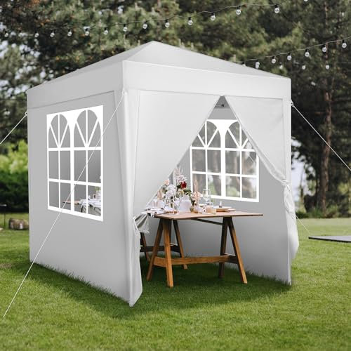 Bonnlo Pop-up Pavillon, Faltpavillon 2x2m, Höhenverstellbar, Wasserdicht Partyzelt mit 4 Seitenteilen, Gartenpavillon für Outdoor Hochzeit Garten Camping Party, Grau (Weiß)