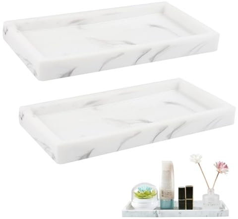 2PCS Bathroom Tray, Shatterproof Bathroom Tray, Resin Handmade Bathroom Bathtub Kitchen Dresser Countertop Organizer for Soap Shampoo Candles Towel Plant Jewelry Ring Dish - Marble White