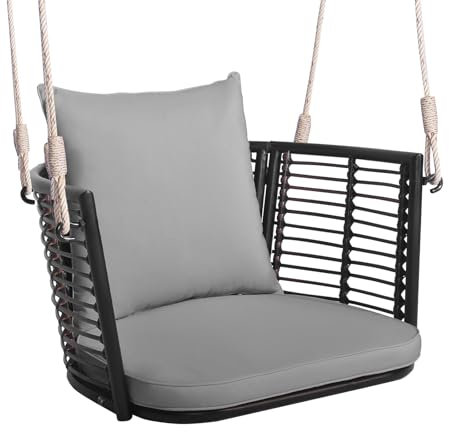 COSTWAY Hängesessel Rattan, bis 180kg belastbar, Hängesitz mit Kissens & Metallrahmen & Hängeseilen, Hängestuhl Schaukelstuhl Schaukel, Schaukelsessel für Veranda Garten Hinterhof (Grau)