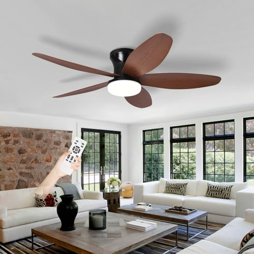 Ventilatore Pale Da Soffitto Con Luce E Telecomando, Silenzioso 5 Pale Lampadario Con Ventola, Dimmerabile LED Plafoniera Ventilatore Per Camera Da Letto, Cucina, Soggiorno-Black+WoodGrain||42in