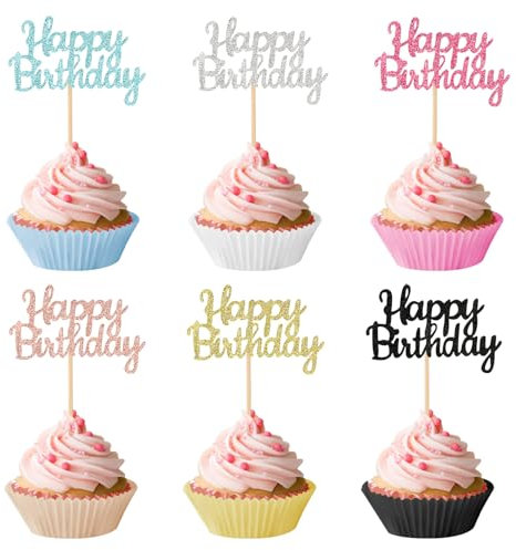 Larrel 24 Stück Happy Birthday Cupcake Toppers, 6 Farbe Glitzernd Kuchendekorationen Happy Birthday Tortendeko Muffin Deko Cupcake Topper Stäbchen zum Geburtstag für Party Cupcake Dekorationen