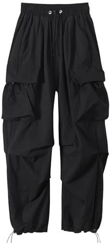 DOINEUFL Cargo Trousers Women High Waist Baggy Pants with Pockets – Elastic Fabric Streetwear Casual Outdoor Loose Fit Y2k Trousers for Daily Wear and Hip Hop Style (UK, Alpha, XL, Regular, Regular)
