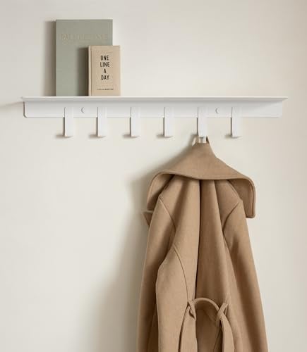 Kazai. Wandgarderobe 'Holmsen' | Moderne Garderobe mit Ablage | Design Flur-Garderobenleiste aus Metall | Hakenleiste Wand-Montage | Weiß