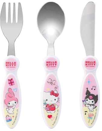 Hello Kitty & Friends Kids 3pcs Cutlery Set – Includes Knife, Fork & Spoon | Child-Friendly Stainless Steel Flatware Set, BPA-free, food-Safe Material Children's Travel Cutlery Set | Non-Slip & Reusable