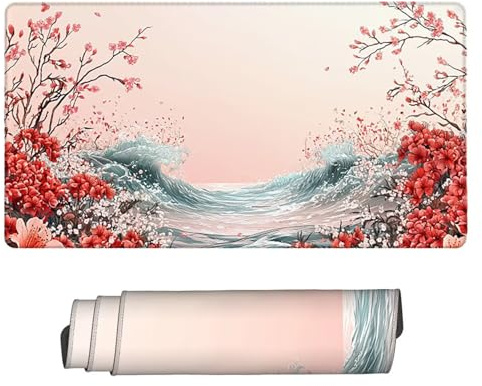 Large Game Tapis de Souris Les Vagues de la mer avec Base en Caoutchouc Antidérapant Extended XXL Long Clavier Pad de Table Grand Tapis Souris, pour Accessoires Gaming 100 x 50 cm k-302