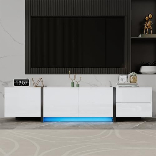 Merax TV-Schrank 170x30x39cm mit LED, Lowboard in Hochglanz mit schwarzen Tischbeinen, DREI Türen, Schublade und Klapptür, viel Stauraum für Wohnzimmer, Weiß