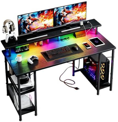 MUTUN 120x50cm Gaming Desk with LED Lights & Power Outlets,Black | Storage Shelves, Dual Monitor Stand, Home Office & Study, Work from Home, Bedroom, Small Spaces, Dorm, Space-Saving, Students