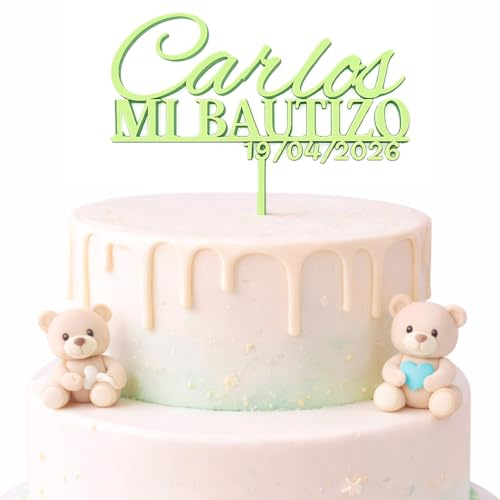 María Lunarillos | Cake topper personalizable para tartas - Comunión, Bautizo y Boda - Decoración para tartas (Bautizo nombre y fecha)