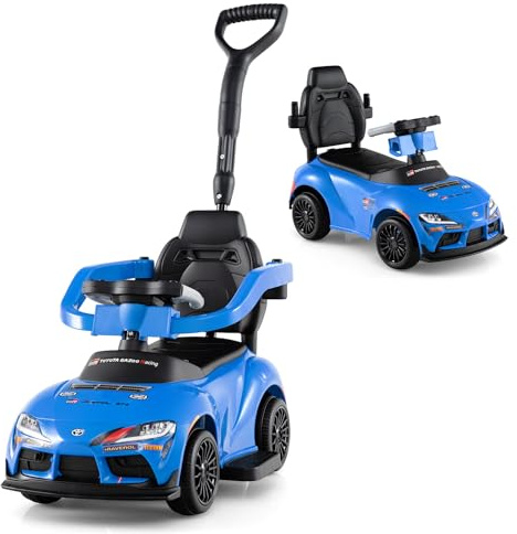 COSTWAY Rutschauto mit Schiebestange, 3 in 1 Schiebeauto mit Schutzbügel, Fußauflage, Kippschutz & Stauraum unter dem Sitz, Lenkrad mit Musik, Rutschfahrzeug Kinder ab 1 Jahr (Blau)