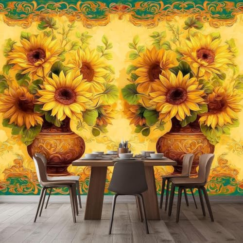 3D Effect Photo Wallpaper Retro Oil Painting Flowers, Yellow Wall Mural Non-woven for Living Room Bedroom Children's Room TV Background Modern Wall Decoration, 430cm x 300cm Stickers - Frameless Paint
