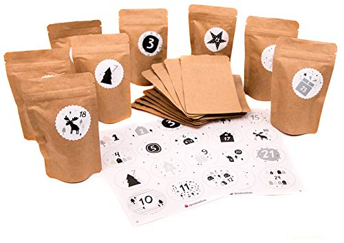 DeinBonbon Adventskalender PAPERBAGS - 24 Tüten aus Kraftpapier mit Zahlen-Aufkleber zum selbst befüllen