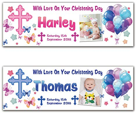Personalisierbares Banner zur Taufe, zur Kommunion, Geburtstag, Foto, Party-Dekoration, 2 Stück S blau